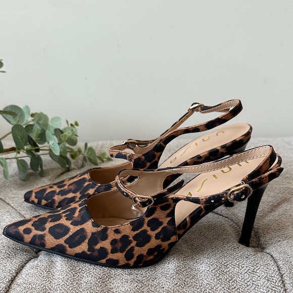 Unisa Leopard Print Pointed Slingback Heels - Brown/Black - Picture 2 of 3